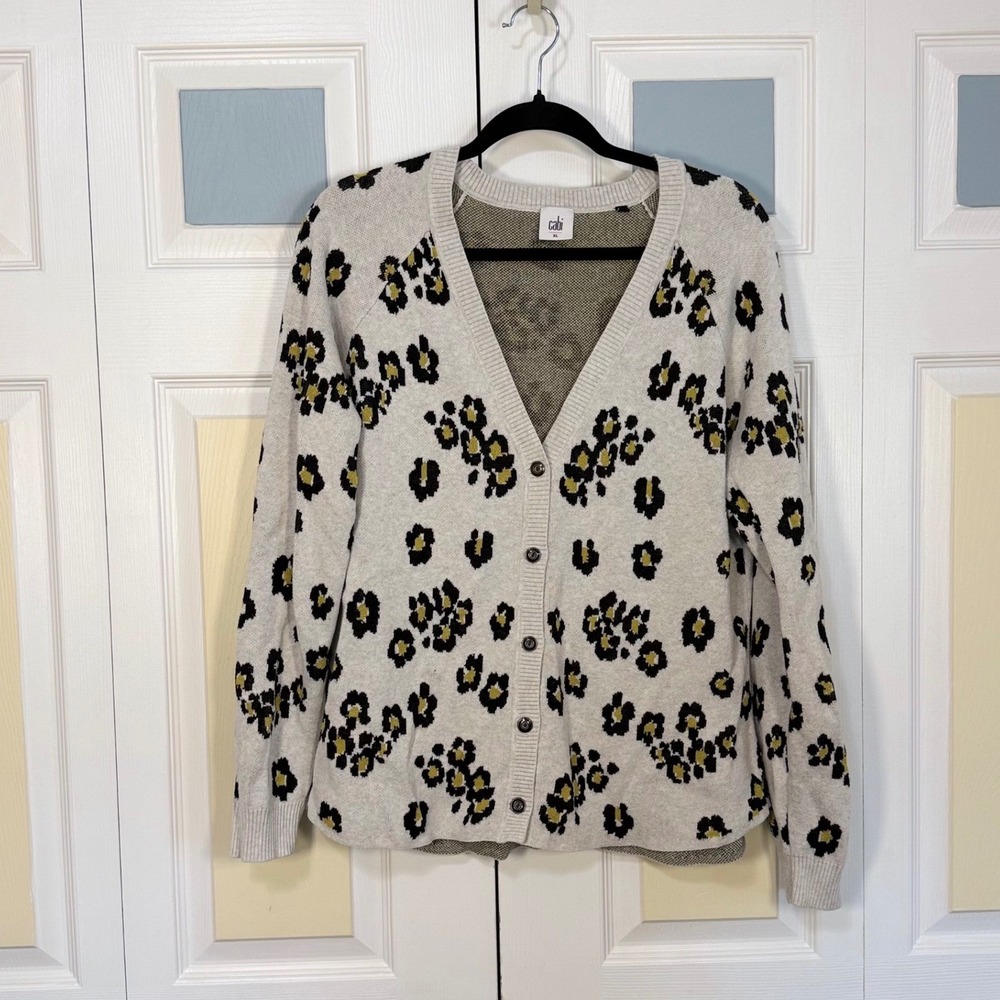Cabi 5277 Leopard Cardigan XL Oatmeal Black Mustard Animal Print V-Neck Sweater
